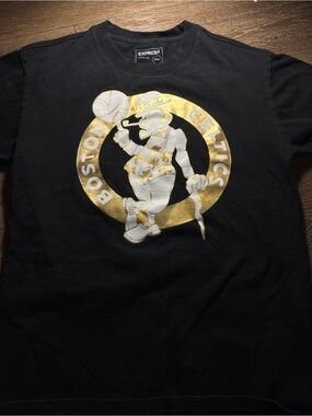 Express Black Short-Sleeve Tee with Gold & White Sports Graphic